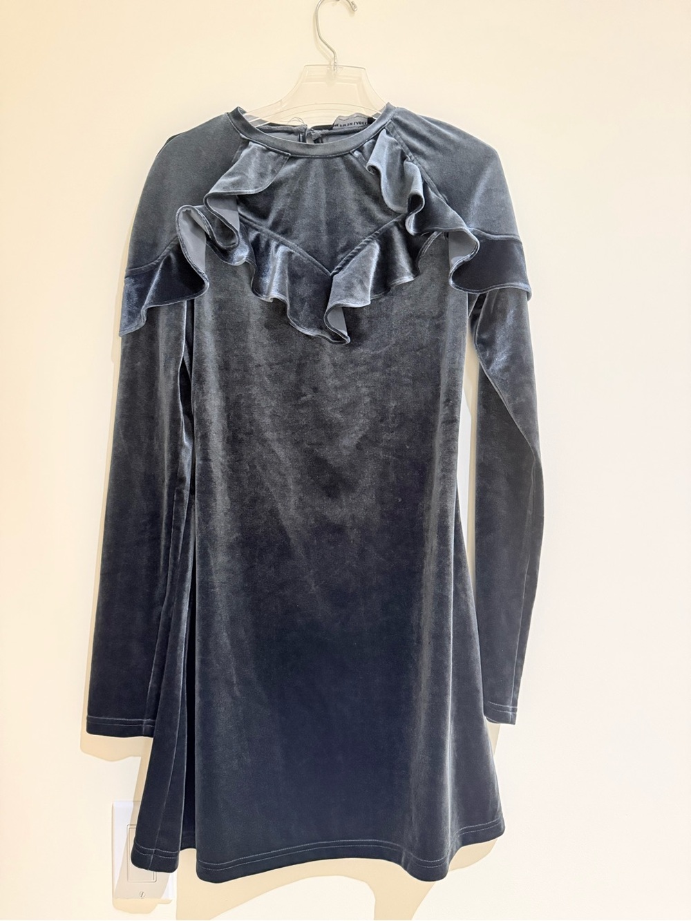 Charcoal Velvet Ruffle Long-Sleeve Dress, size S